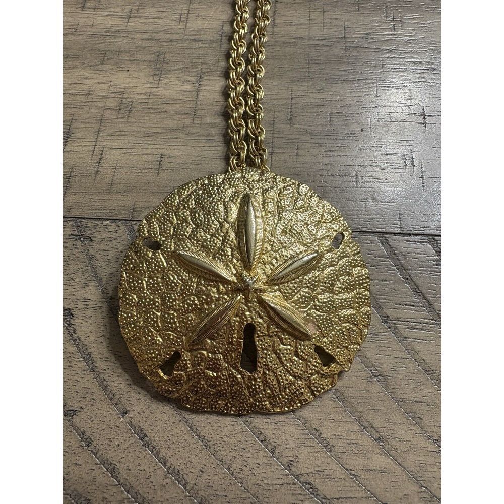 Vintage Gold Sand Dollar Pendant 2.5" 24" Chain
